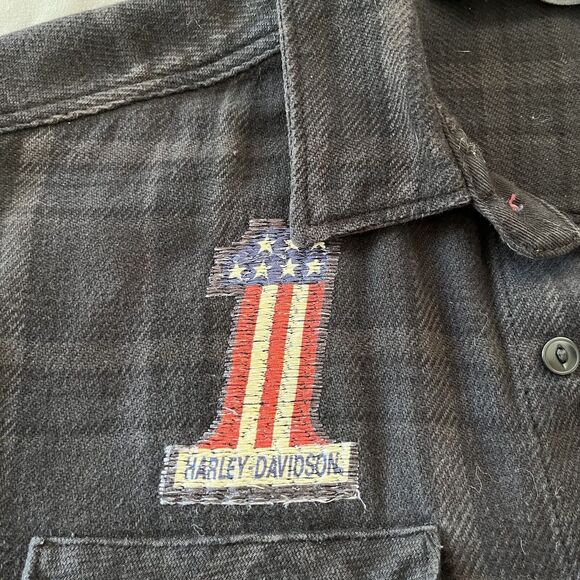 HARLEY DAVIDSON Plaid Button Front Shirt Flannel Patch American Flag - Picture 6 of 10